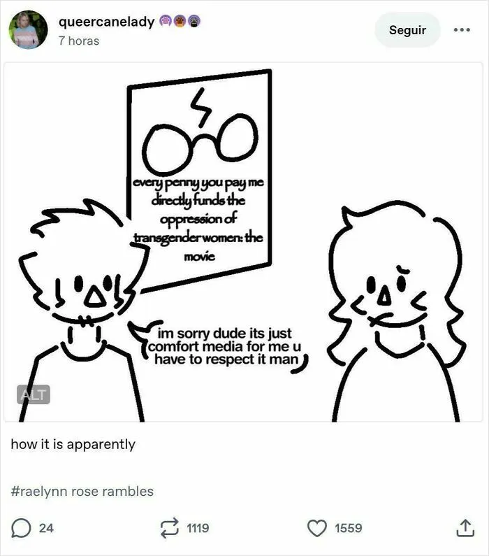 Tumblr post cartoon discussing 'comfort media' and transgender women oppression movie