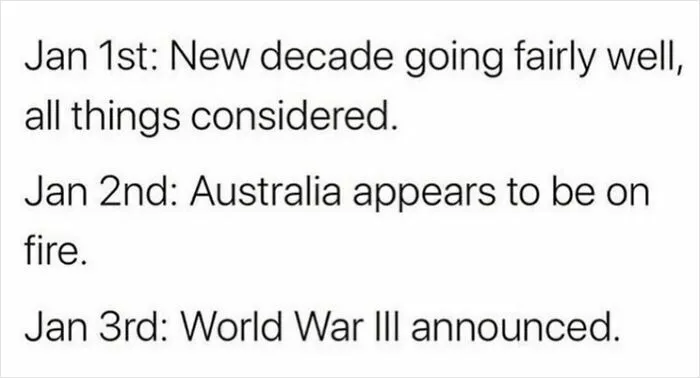 Text joke about chaotic first three days of new decade dry humor