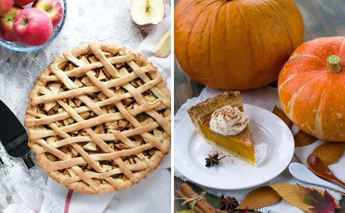 Apple pie with lattice crust and fresh apples for fall poll