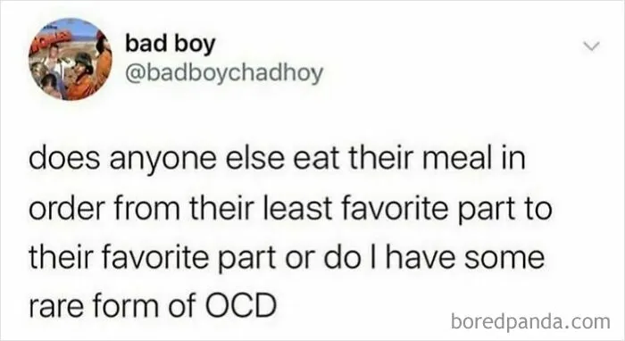 Humorous British tweet about eating meals from least favorite to favorite part