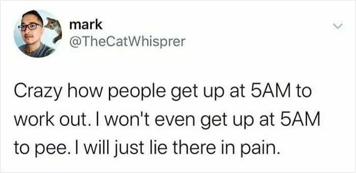 British dry humor joke about not getting up early even to pee