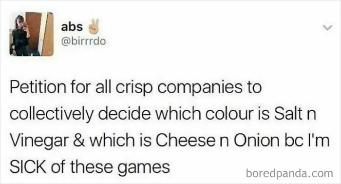 British dry humor about confusion over crisp flavors and colors