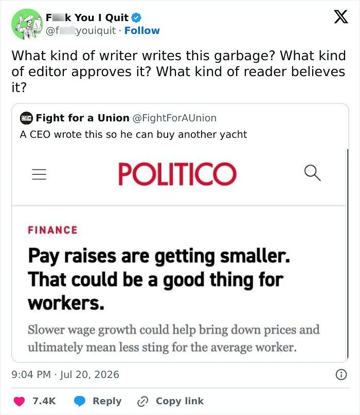 Headline from Politico on shrinking pay raises and its impact on workers