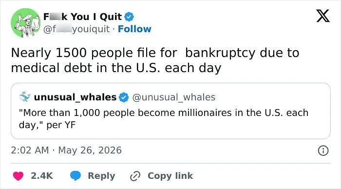 Tweet about daily US medical debt bankruptcies vs millionaires created