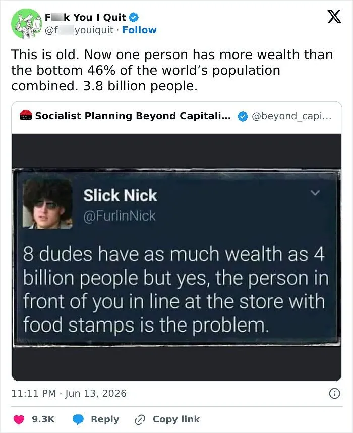 Screenshot of tweet comparing wealth of 8 people to 4 billion, highlighting wealth inequality