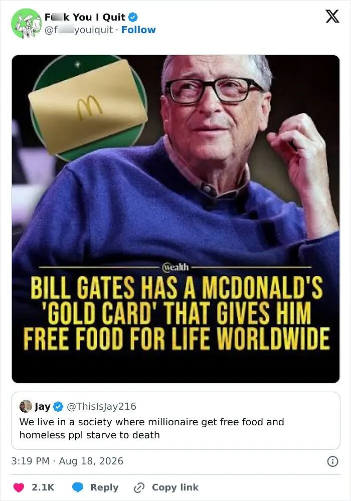Bill Gates holding McDonald's gold card for free food worldwide