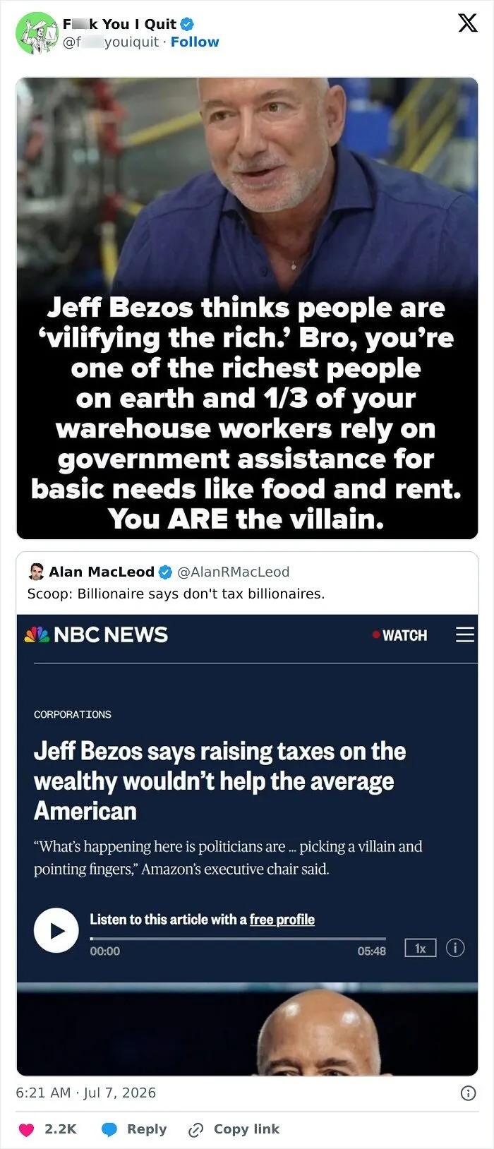 Criticism of Jeff Bezos saying wealthy tax increases won't help average Americans amid government aid for workers