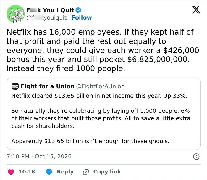 Tweet criticizing Netflix layoffs despite high profits and employee bonuses