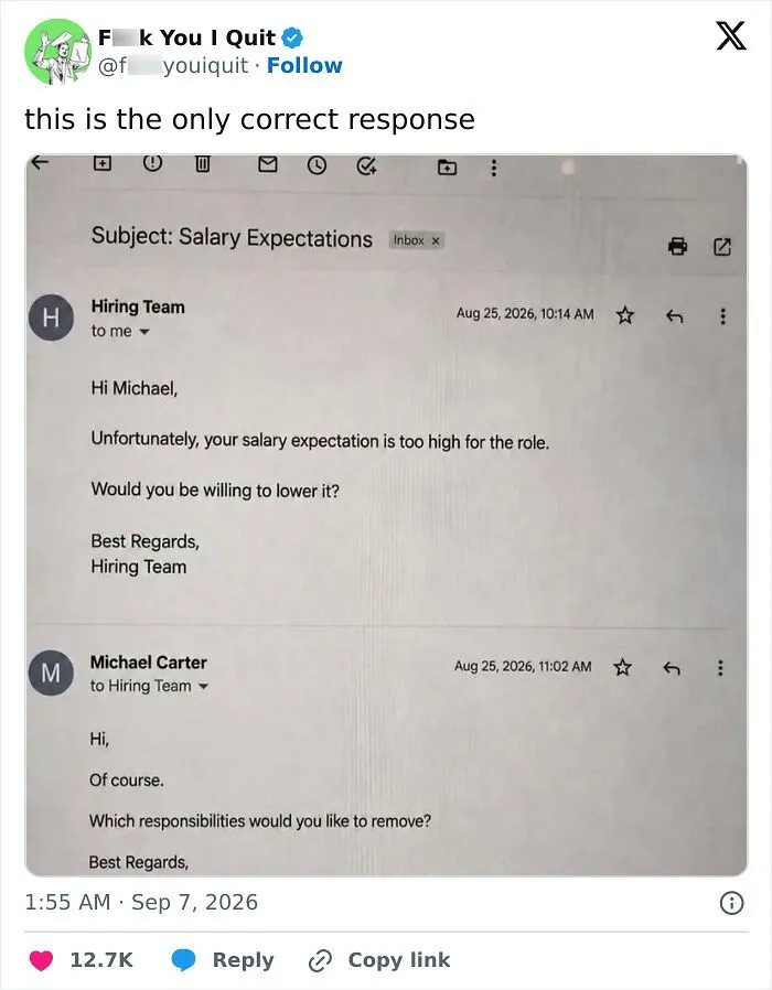 Email exchange about salary expectations rejecting high demands with a witty reply