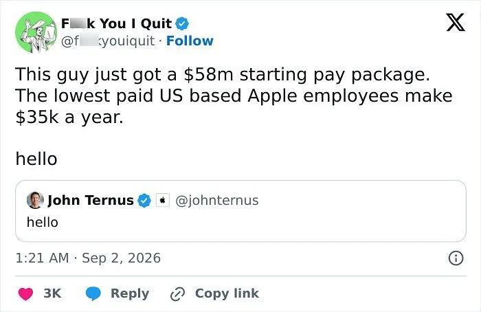 Apple employee starts with 58 million dollar pay while lowest pay is 35k