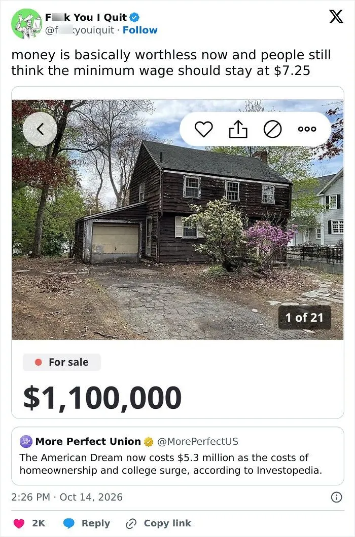 Tweet showing a shabby house for sale at 1.1 million dollars amid rising housing costs