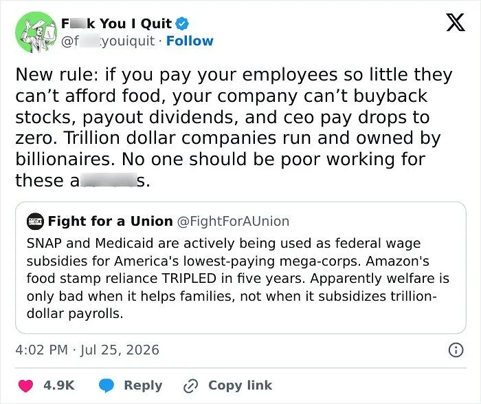 Tweet about low employee pay and trillion dollar companies linked to poverty and welfare subsidies
