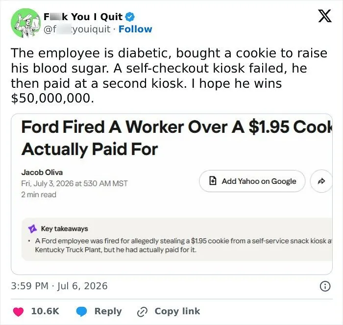 Tweet about Ford firing a worker over a cookie he had paid for