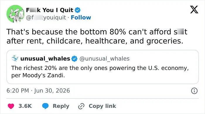 Tweet explaining bottom 80 percent can't afford essentials affecting US economy power