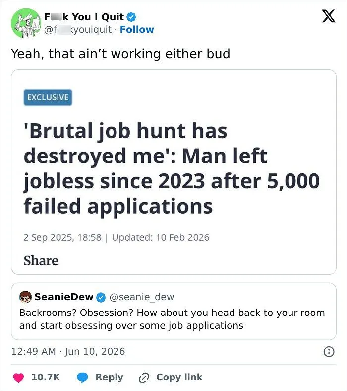 News headline about a man jobless since 2023 after 5,000 failed applications