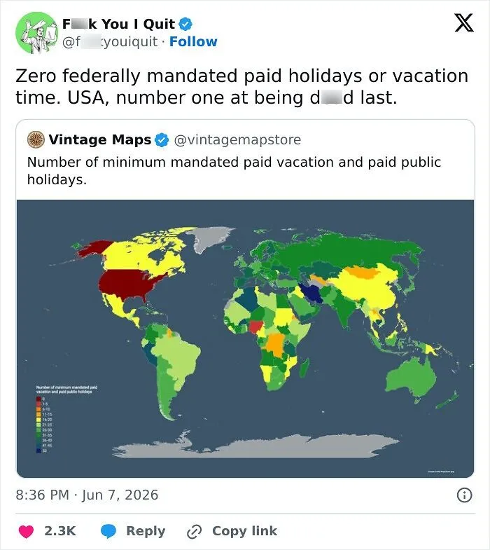 World map showing minimum mandated paid vacation and holidays with USA having none
