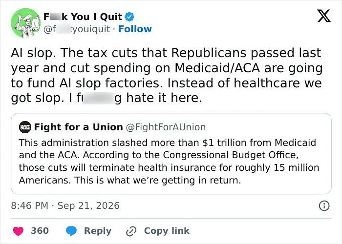 Tweet about tax cuts affecting Medicaid and funding AI slop factories