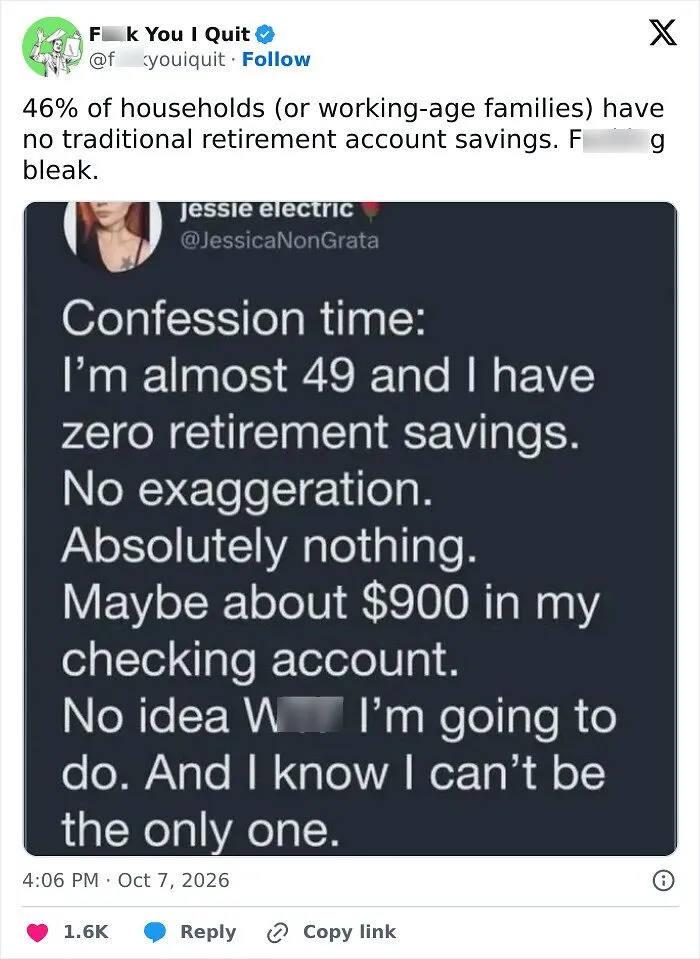 Tweet highlighting 46% of households have no retirement savings