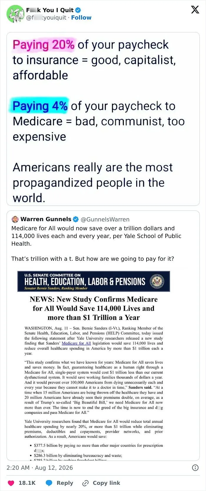 Post comparing paying 20 percent for insurance versus 4 percent for Medicare and healthcare costs