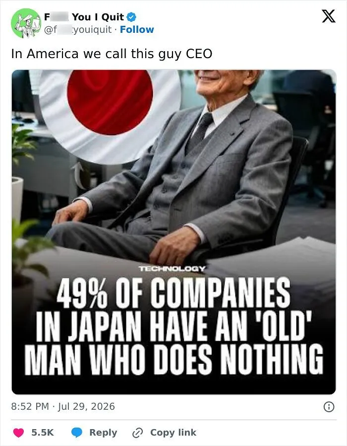 Old man CEO in Japan sat in office highlighting company leadership trend