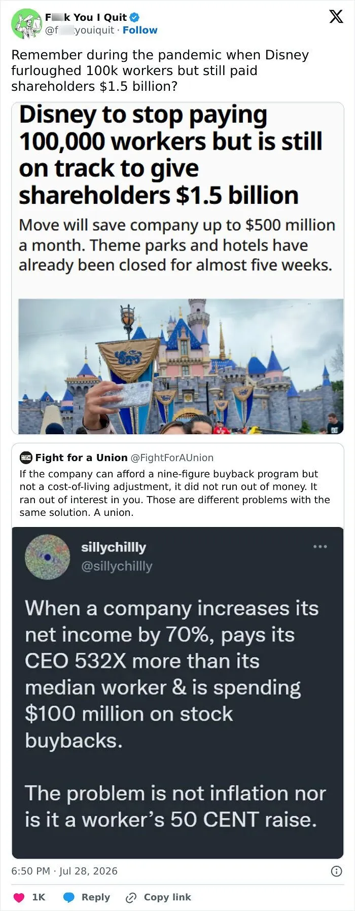 Tweet on Disney furloughing workers but paying $1.5 billion to shareholders during pandemic
