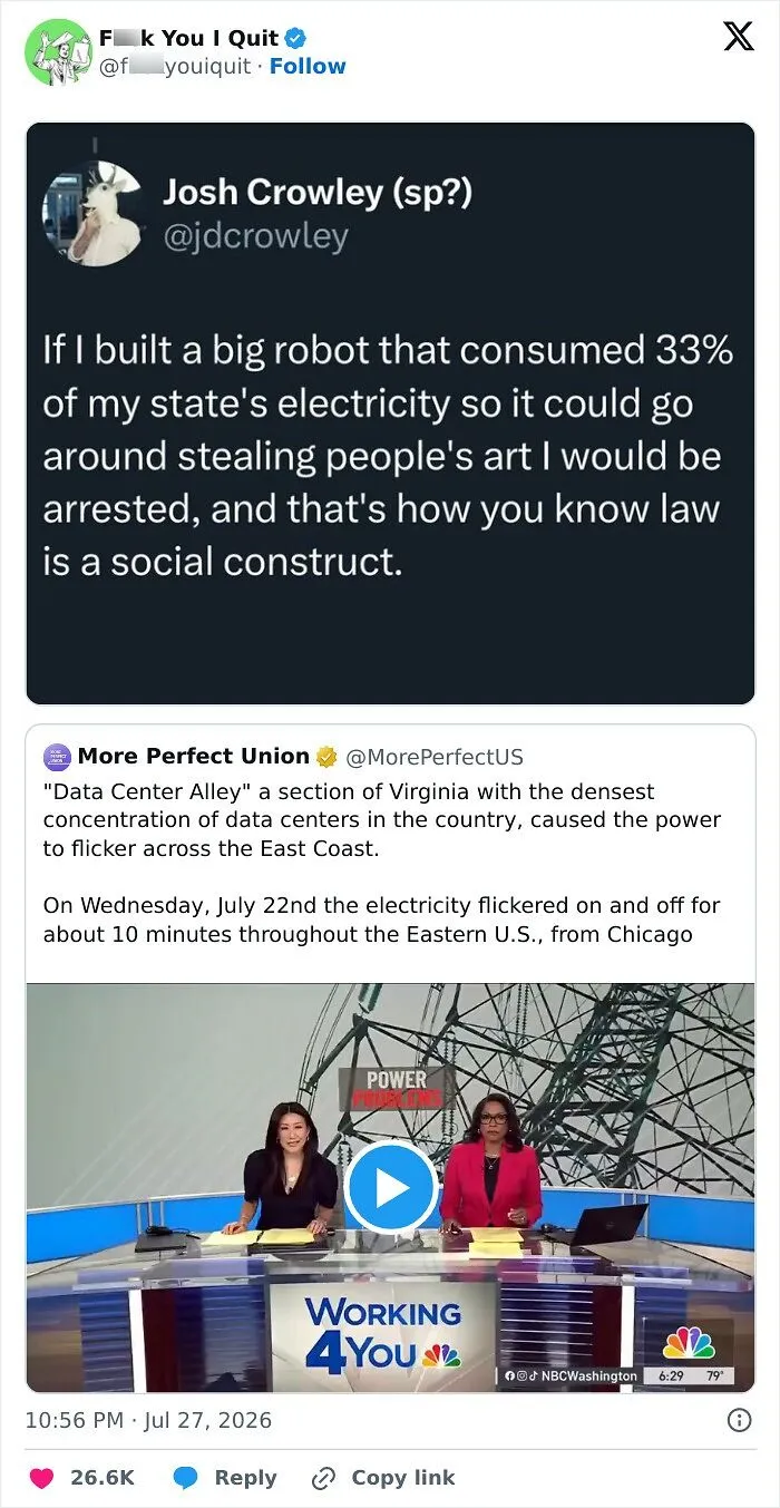 Tweet discussing big robot energy use and data center electricity flicker on East Coast