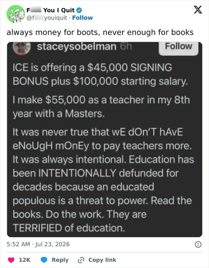 Tweet highlighting teacher salary versus ICE bonuses and intentional education defunding
