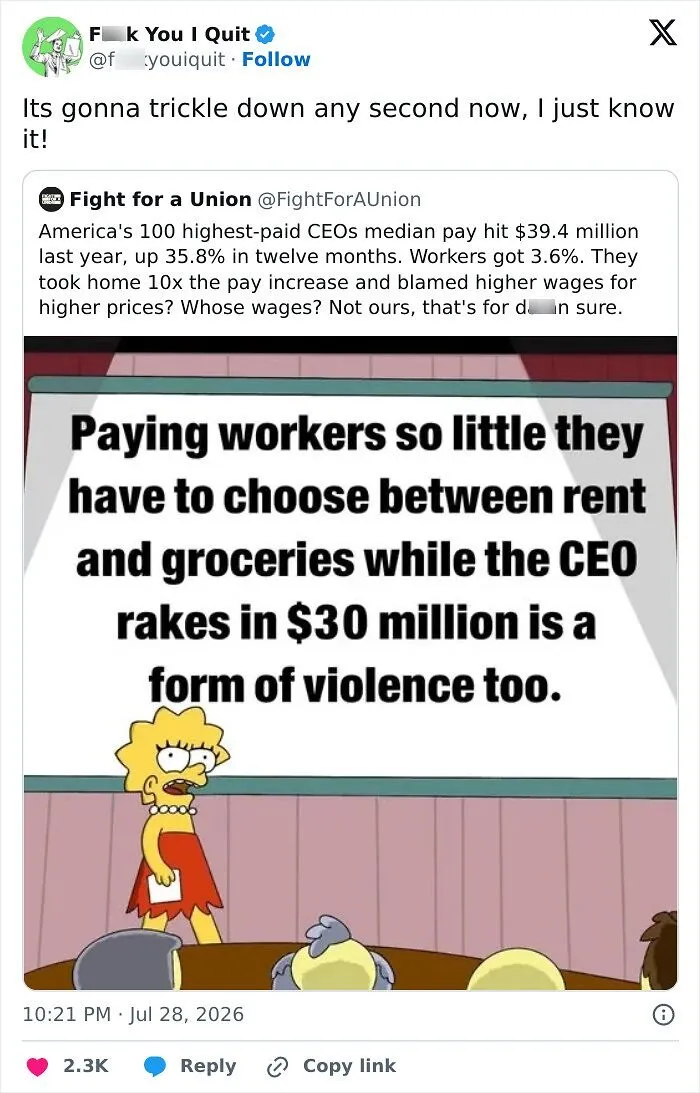 Tweet with Simpsons image about low worker pay versus CEO earnings as a form of violence