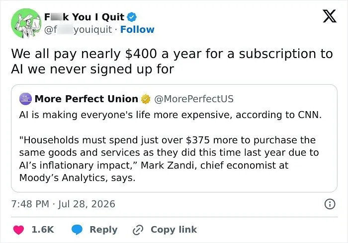 Tweet about AI causing higher household expenses and inflation