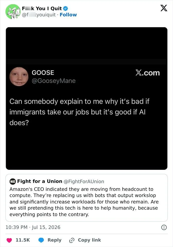 Tweet questioning job loss to immigrants versus AI with Amazon job automation concerns