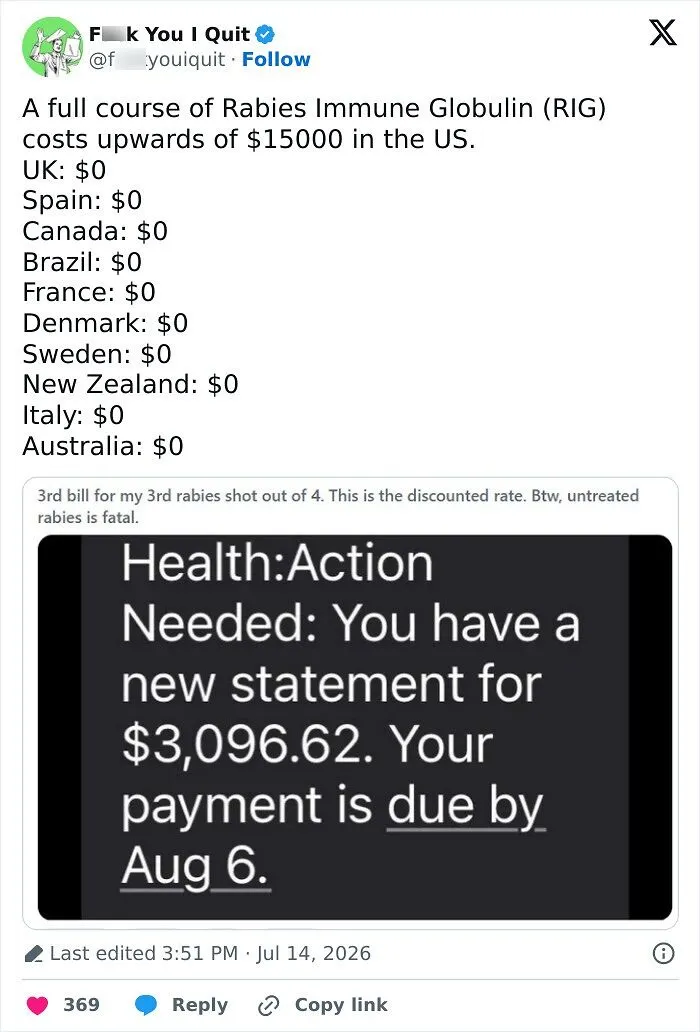 Tweet comparing rabies treatment costs across countries highlighting US expense