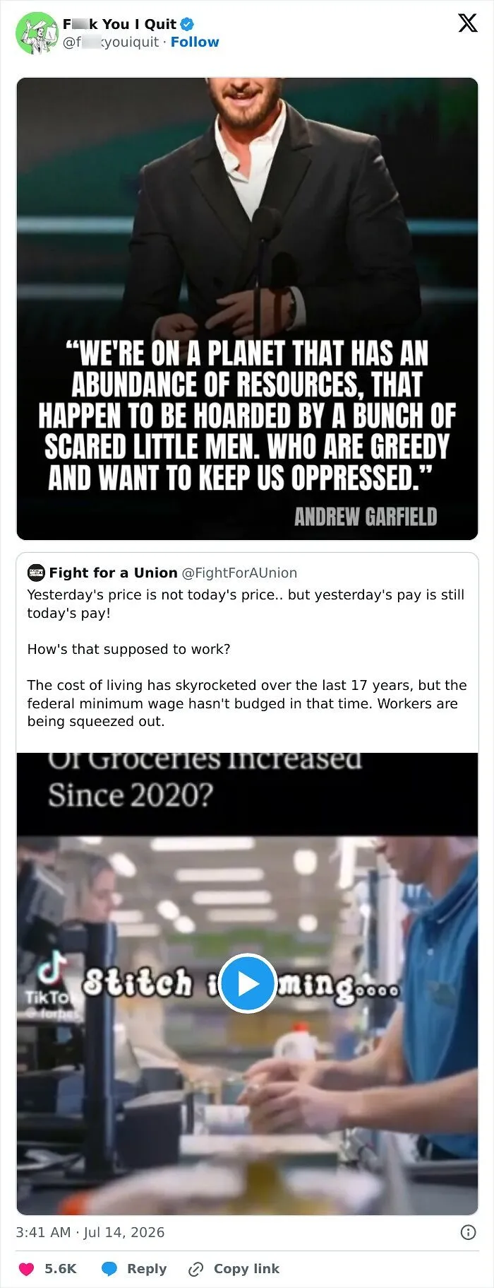 Quote on resource hoarding and rising cost of living impacting workers