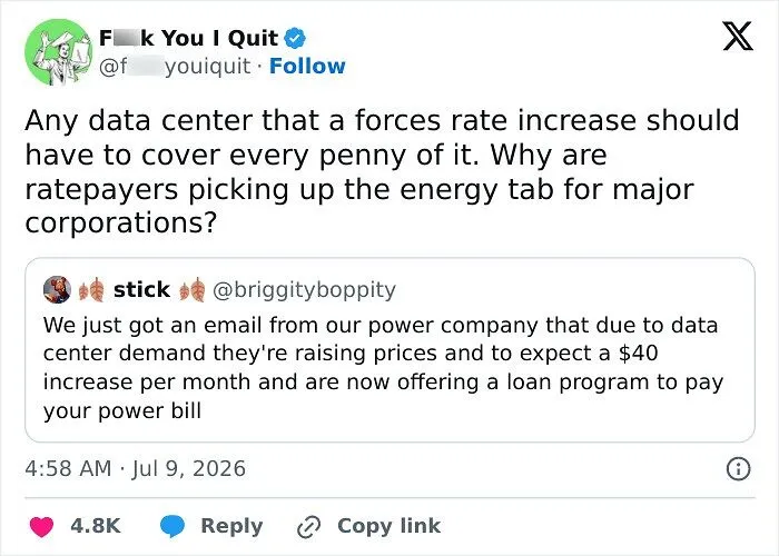 Tweet discussing energy rate increases for data centers and burden on ratepayers