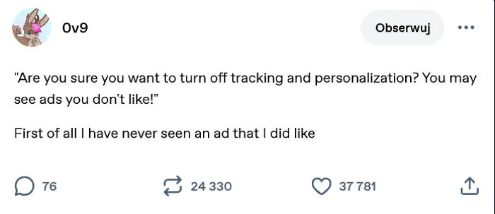Funny Tumblr post about disliking ads after turning off tracking and personalization