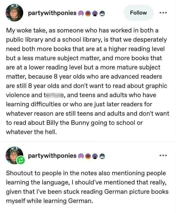 Tumblr post discussing the need for diverse reading levels and mature subjects in libraries