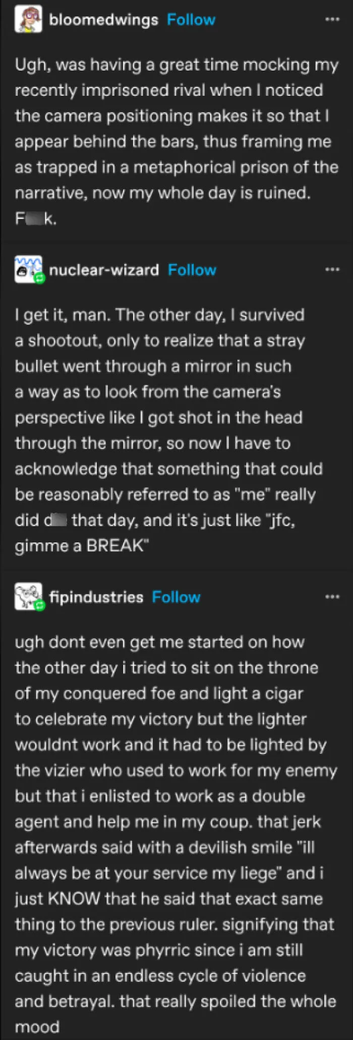 Tumblr text post about a comedic story of rivalry and betrayal