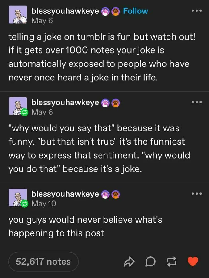 Tumblr post about jokes going viral and being misunderstood on Tumblr