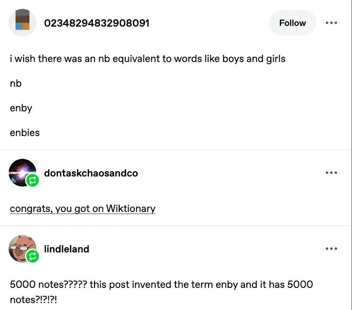 Tumblr post about the term enby as a non-binary equivalent of boys and girls