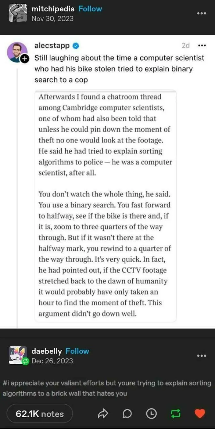 Tumblr post about a computer scientist explaining binary search to police