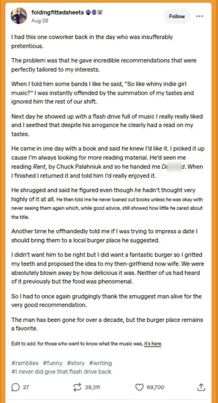 Tumblr story about a pretentious coworker giving great music and burger recommendations
