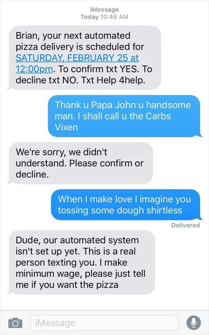 Wholesome memes showing a funny text message exchange between a customer and a pizza delivery person.