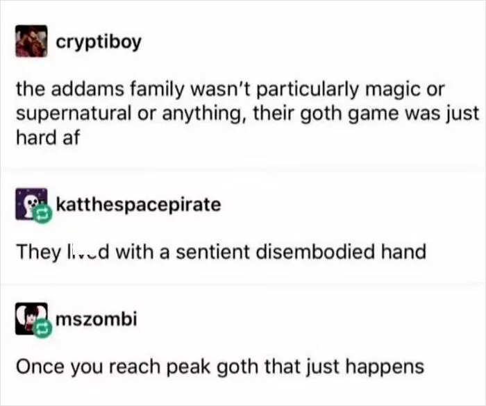 Wholesome memes text post discussing the Addams family aesthetics and peak goth culture jokes