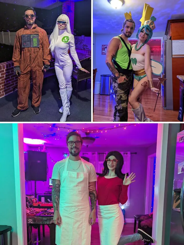 Collage of three different funny cool Halloween couples costumes worn by a couple.