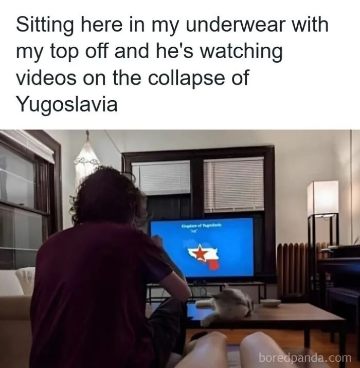 Humorous internet memes showing a person watching a historical video on television instead of paying attention