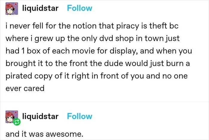 Funny post from Tumblr discussing a childhood memory about burning pirated DVDs at a store