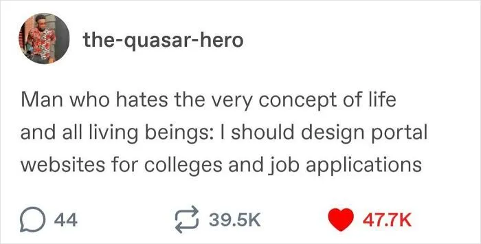 Funny post from Tumblr discussing the frustrating user experience of job application portal websites