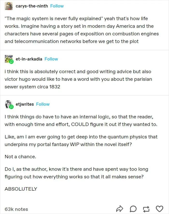 Random Tumblr post thread analyzing worldbuilding and magic systems in fiction