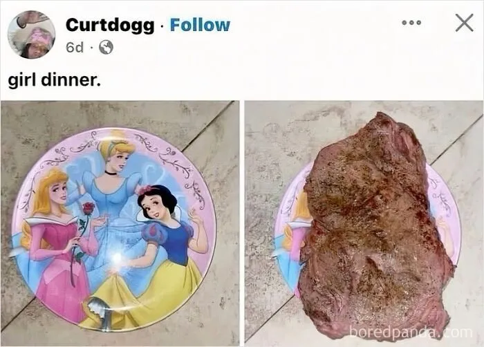 Humorous internet memes displaying a large steak served on a Disney Princess plate captioned girl dinner