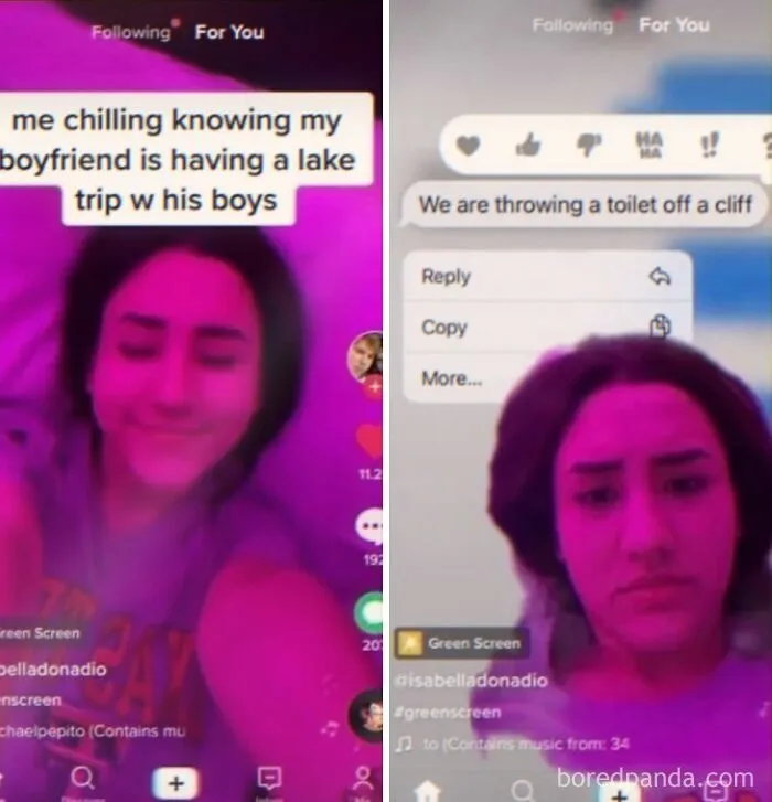 Funny internet memes of a TikTok video showing a girl reaction to a text about throwing a toilet off a cliff
