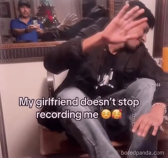 Relatable memes showing a person blocking a camera while sitting in front of a mirror.